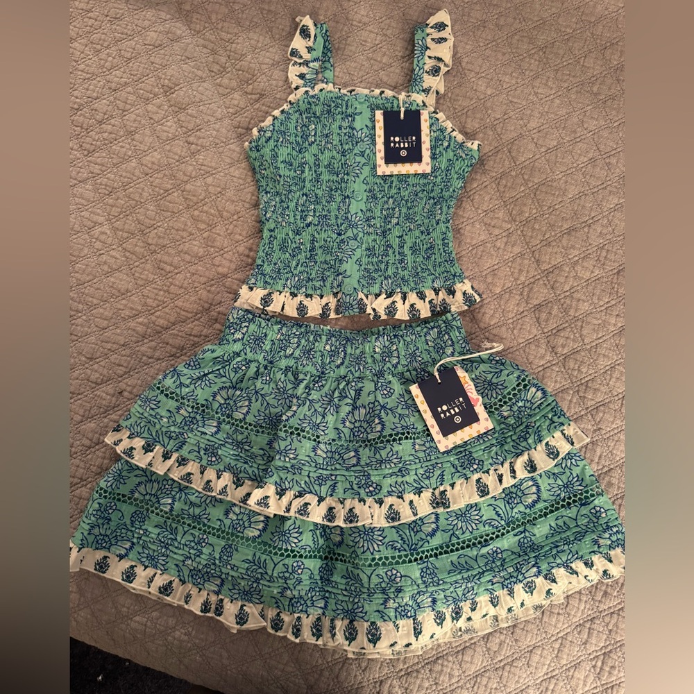 Roller Rabbit x Target Teal and Navy Floral Smocked Top and Skirt Matching Set